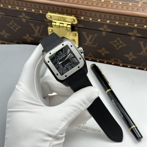 Cartier Santos 100 XL Black Roman Dial Replica 1 1 Fabric Strap 51.1×41 (1)