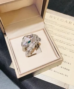 Bvlgari Serpenti Viper Rings Custom Diamond 18K White Gold Emerald Eyes (2)