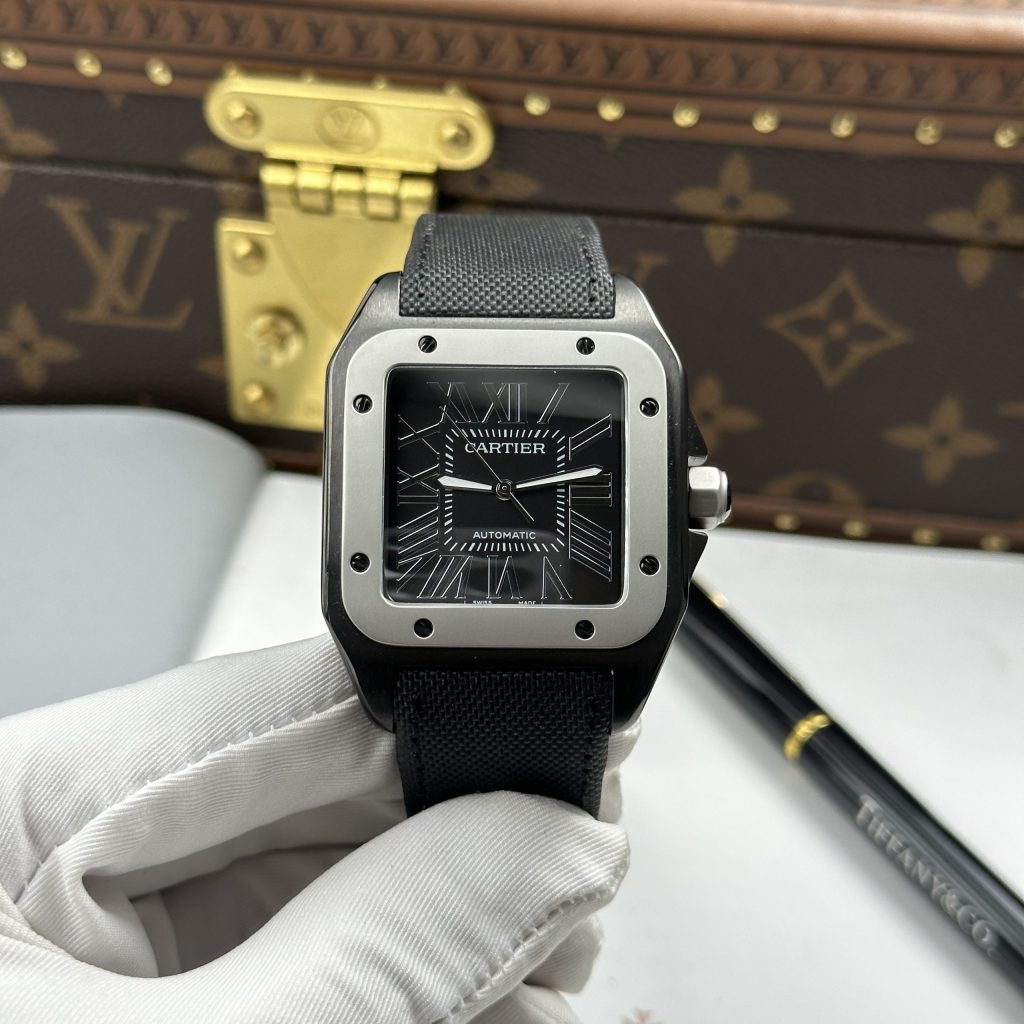 Cartier Santos 100 XL Black Roman Dial Replica 1 1 Fabric Strap 51.1×41 (1)