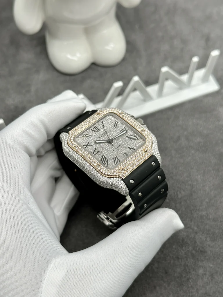 Cartier Santos Custom Full Moissanite Diamonds Demi Gold 39 (5)