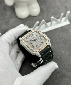 Cartier Santos Custom Full Moissanite Diamonds Demi Gold 39 (5)