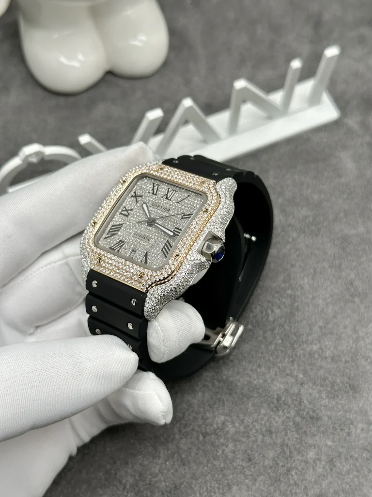 Cartier Santos Custom Full Moissanite Diamonds Demi Gold 39 (5)