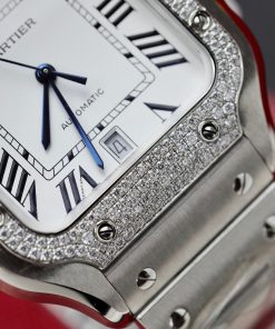 Cartier Santos Customs Moissanite Diamonds Bezel White Dial 39 (10)