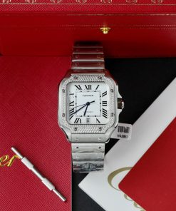 Cartier Santos Customs Moissanite Diamonds Bezel White Dial 39 (10)