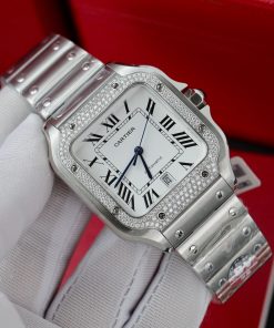 Cartier Santos Customs Moissanite Diamonds Bezel White Dial 39 (10)