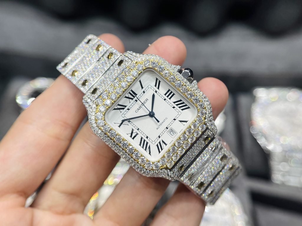 Cartier Santos Iced Out Moissanite Demi Gold Replica Watch (1)