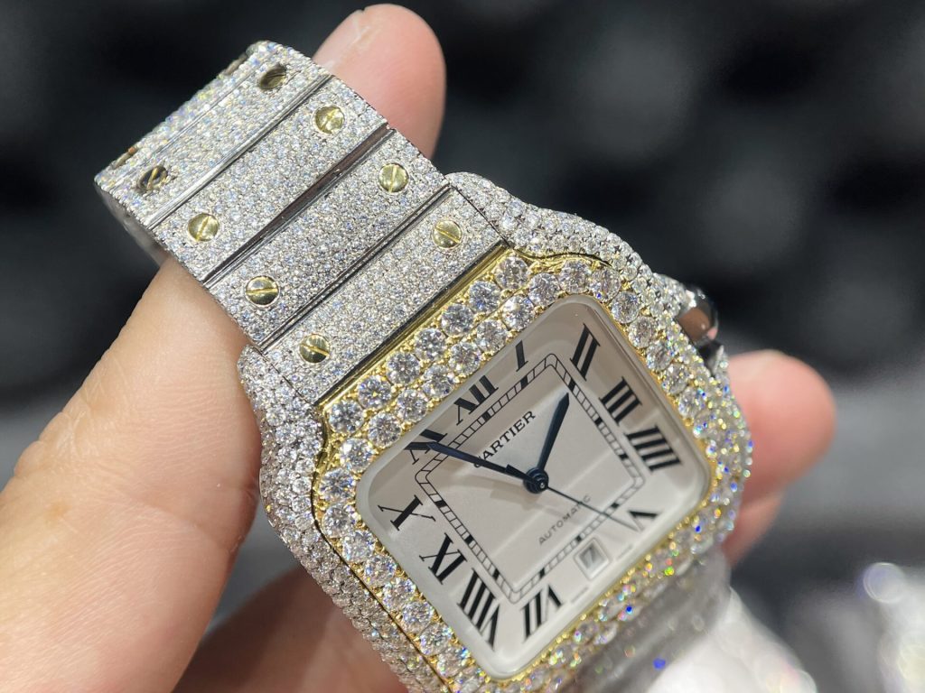 Cartier Santos Iced Out Moissanite Demi Gold Replica Watch (1)