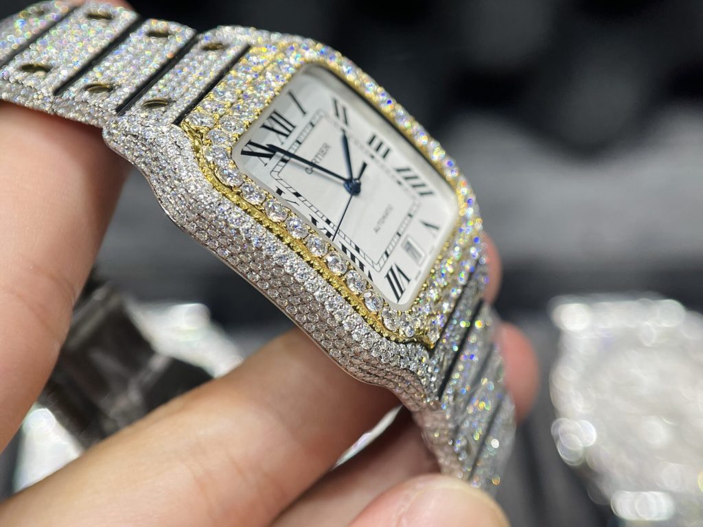 Cartier Santos Iced Out Moissanite Demi Gold Replica Watch (1)