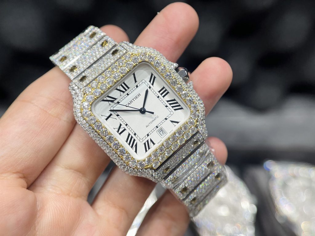 Cartier Santos Iced Out Moissanite Demi Gold Replica Watch (1)