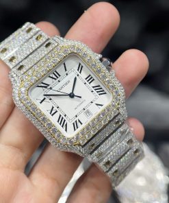 Cartier Santos Iced Out Moissanite Demi Gold Replica Watch (1)