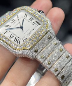 Cartier Santos Iced Out Moissanite Demi Gold Replica Watch (1)