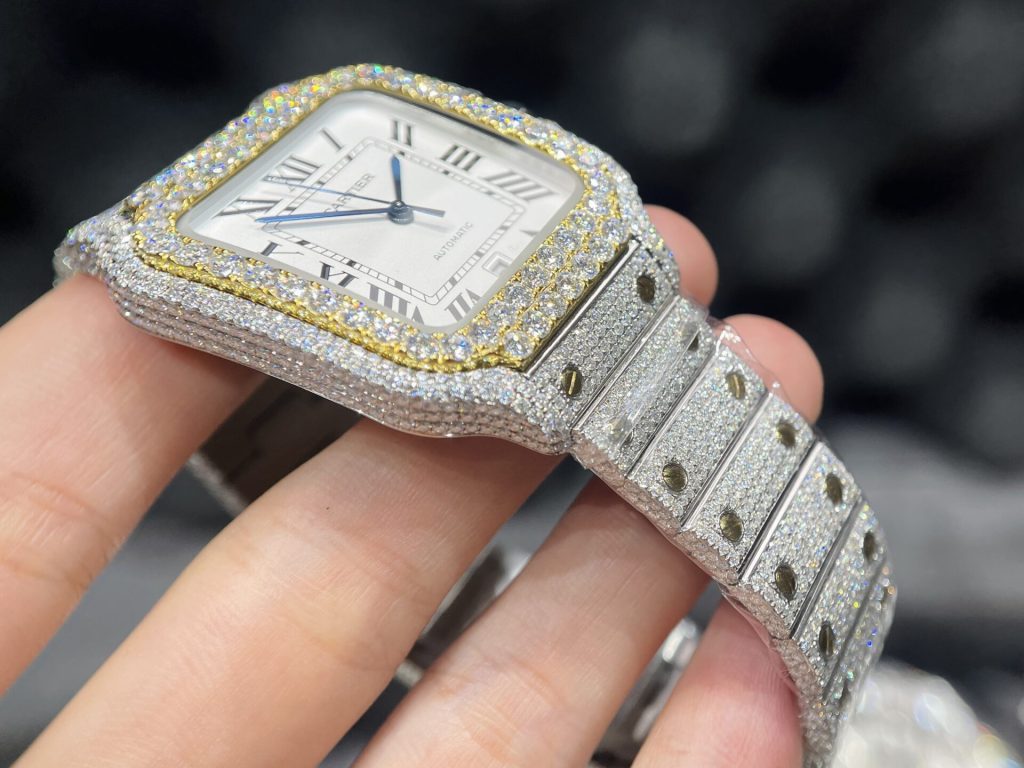 Cartier Santos Iced Out Moissanite Demi Gold Replica Watch (1)