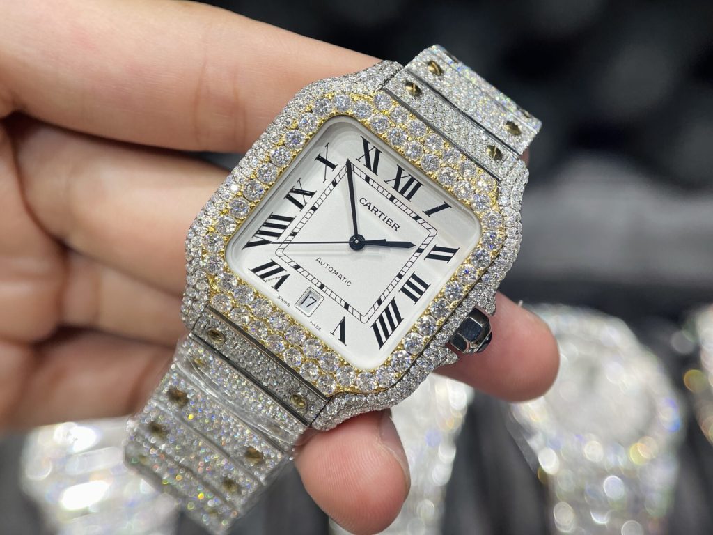 Cartier Santos Iced Out Moissanite Demi Gold Replica Watch (1)