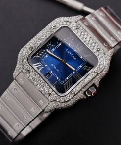 Cartier Santos Replica Watch Dial Blue Custom Moissanite Diamonds 39 (2)