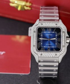 Cartier Santos Replica Watch Dial Blue Custom Moissanite Diamonds 39 (2)