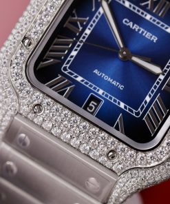 Cartier Santos Replica Watch Dial Blue Custom Moissanite Diamonds 39 (2)