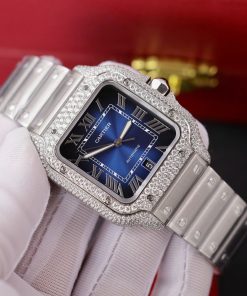 Cartier Santos Replica Watch Dial Blue Custom Moissanite Diamonds 39 (2)