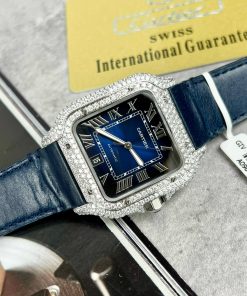 Cartier Santos Replica Watches Custom Diamonds Moissanite Blue (10)