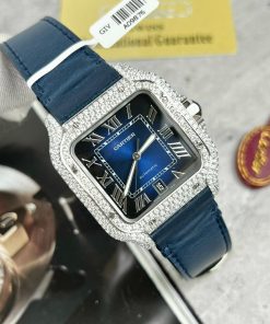 Cartier Santos Replica Watches Custom Diamonds Moissanite Blue (10)