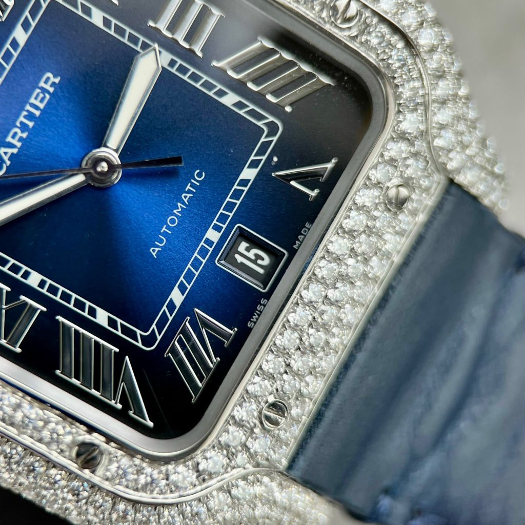 Cartier Santos Replica Watches Custom Diamonds Moissanite Blue (10)