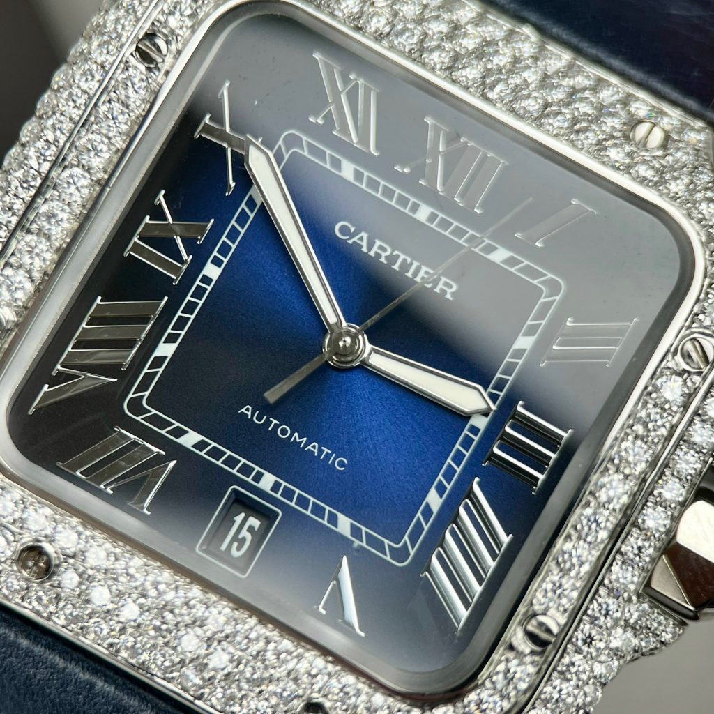 Cartier Santos Replica Watches Custom Diamonds Moissanite Blue (10)