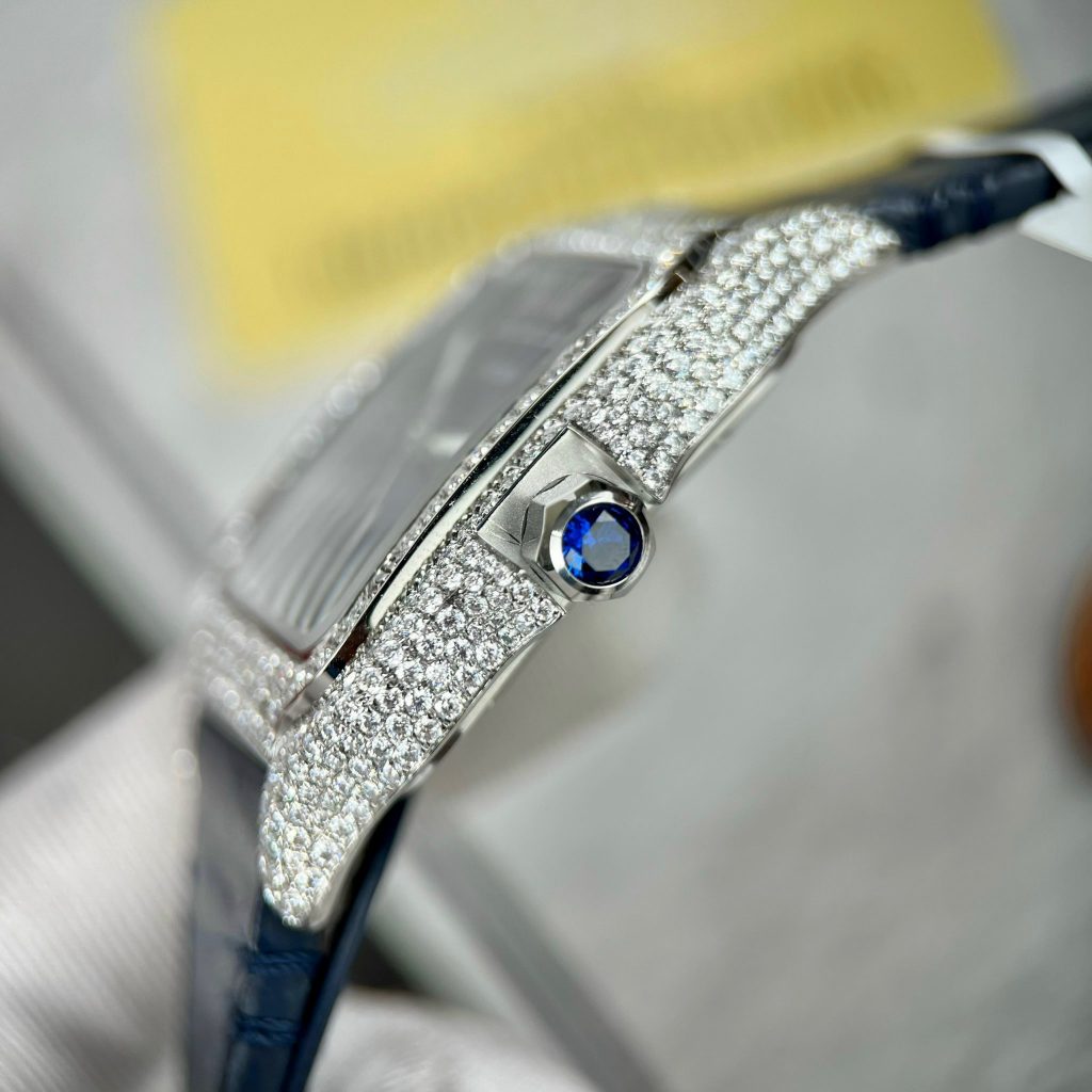 Cartier Santos Replica Watches Custom Diamonds Moissanite Blue (10)