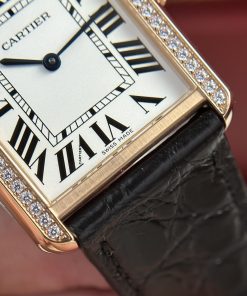Cartier Tank Solo Custom Bezel Diamonds Black Leather Strap (1)