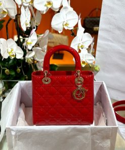 Dior Lady Best Replica Bags Womens Glossy Red Sheepskin 24cm (2)