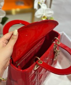 Dior Lady Best Replica Bags Womens Glossy Red Sheepskin 24cm (2)