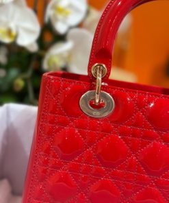 Dior Lady Best Replica Bags Womens Glossy Red Sheepskin 24cm (2)