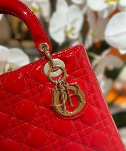 Dior Lady Best Replica Bags Womens Glossy Red Sheepskin 24cm (2)