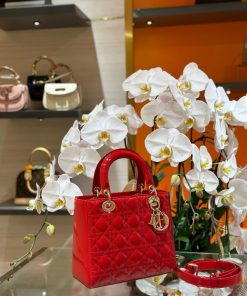 Dior Lady Best Replica Bags Womens Glossy Red Sheepskin 24cm (2)