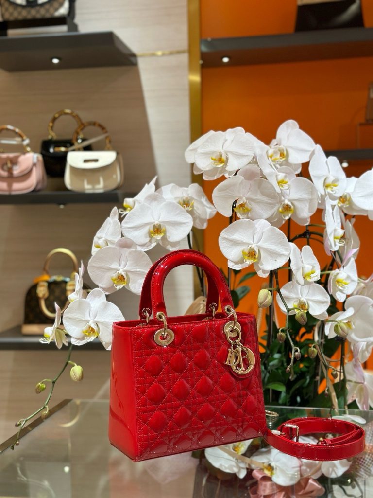 Dior Lady Best Replica Bags Womens Glossy Red Sheepskin 24cm (2)