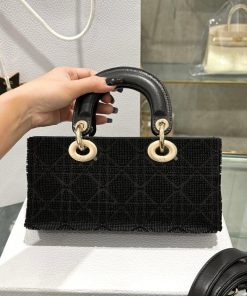 Dior Lady D-Joy Womens Black Beaded Replica Bags 22cm (2)