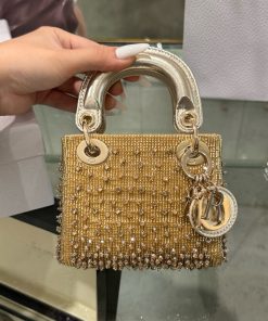 Dior Lady Mini Women Stone Engagement Replica Bags Lock Rose Gold 12cm (2)