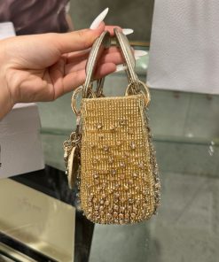 Dior Lady Mini Women Stone Engagement Replica Bags Lock Rose Gold 12cm (2)