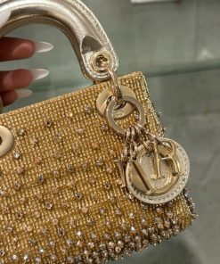 Dior Lady Mini Women Stone Engagement Replica Bags Lock Rose Gold 12cm (2)