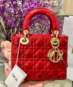 Dior Lady Womens Red Glossy Leather Replica Bags 20cm (2)