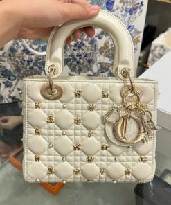 Dior Lady Womens White Replica Bags Lock Rose Gold 20cm (2)
