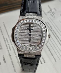 Patek Philippe Nautilus 5719 Full Diamonds Replica Watches Leather Men's 40mm (2)
