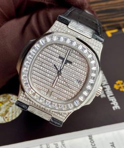 Patek Philippe Nautilus 5719 Full Diamonds Replica Watches Leather Men's 40mm (1)