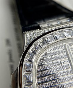 Patek Philippe Nautilus 5719 Full Diamonds Replica Watches Leather Men's 40mm (1)