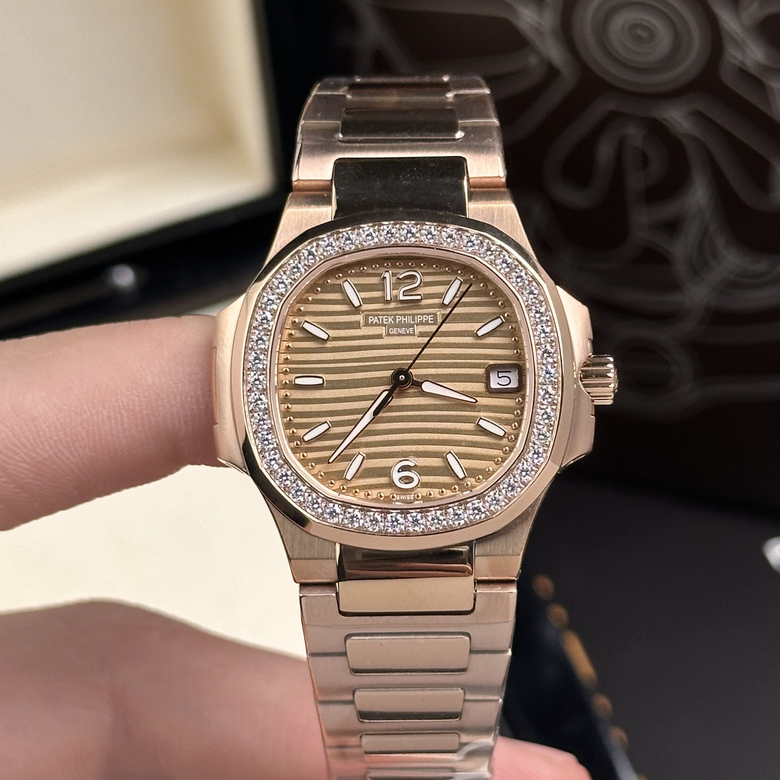 Patek Philippe Nautilus 7010 Diamonds Bezel Replica Watch GR Factory 32mm (1) Patek Philippe Nautilus 7010 Diamonds Bezel Replica Watch GR Factory 32mm (1)