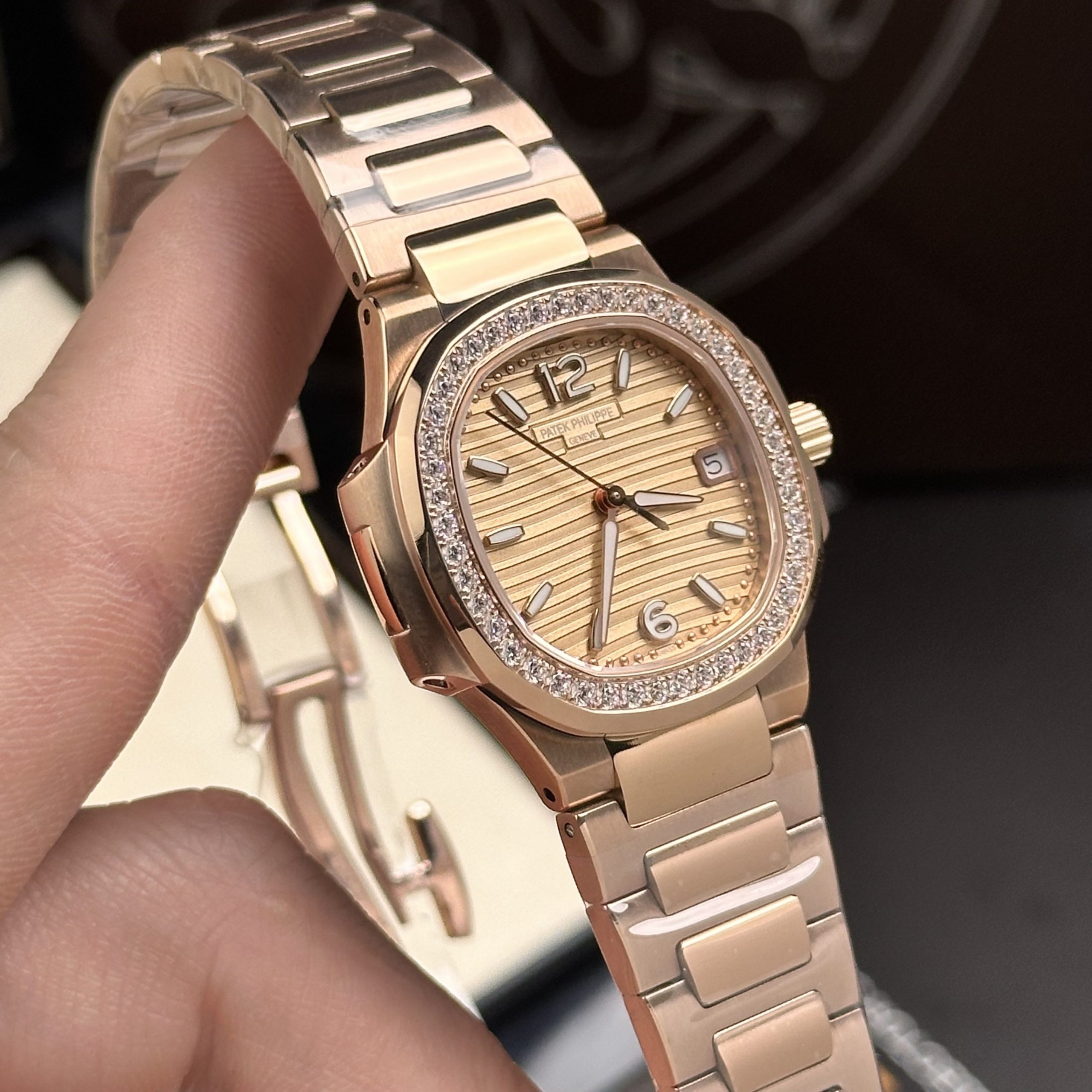 Patek Philippe Nautilus 7010 Diamonds Bezel Replica Watch GR Factory 32mm (2) Patek Philippe Nautilus 7010 Diamonds Bezel Replica Watch GR Factory 32mm (1)