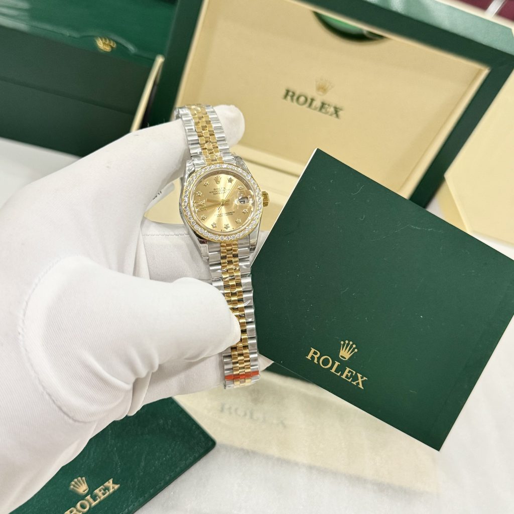 Rolex DateJust Bezel Diamond Moissanite Replica Watches Dial Champagne Gold 28mm (2)