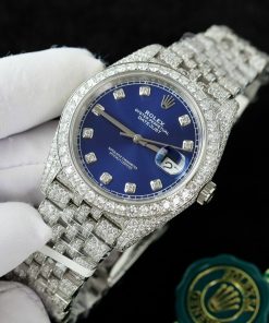 Rolex DateJust Blue Dial Replica Watch Custom Moissanite Diamonds 41mm (2)