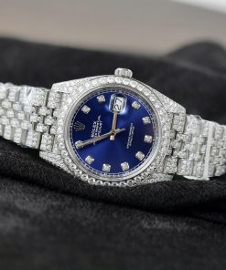 Rolex DateJust Blue Dial Replica Watch Custom Moissanite Diamonds 41mm (2)