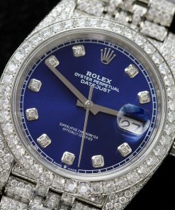 Rolex DateJust Blue Dial Replica Watch Custom Moissanite Diamonds 41mm (2)