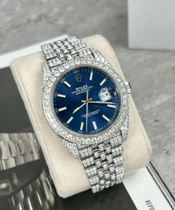 Rolex DateJust Custom Moissanite Diamonds Replica Watches Blue Dial 41mm (1)