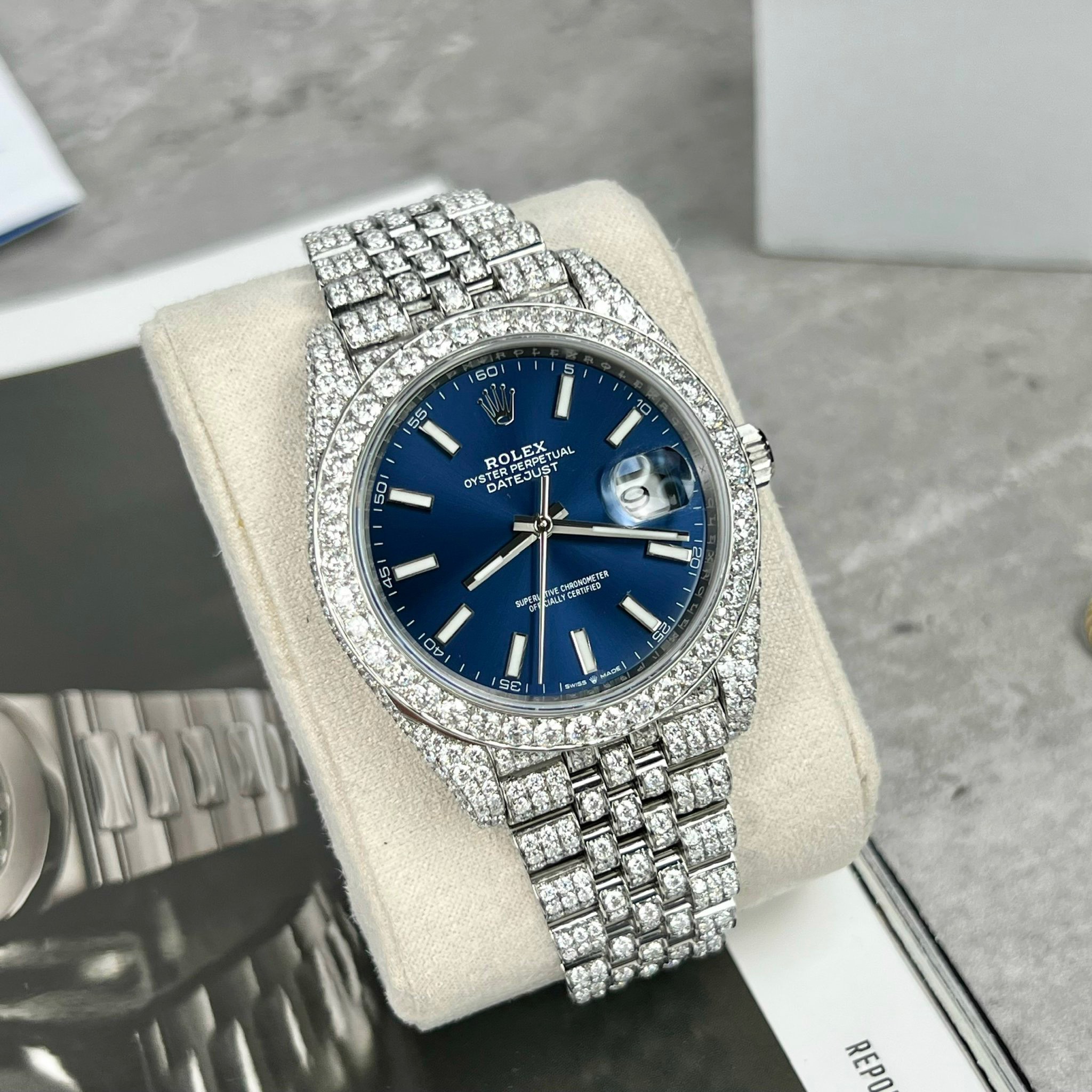 Rolex DateJust Custom Moissanite Diamonds Replica Watches Blue Dial 41mm (10) Rolex DateJust Custom Moissanite Diamonds Replica Watches Blue Dial 41mm (1)
